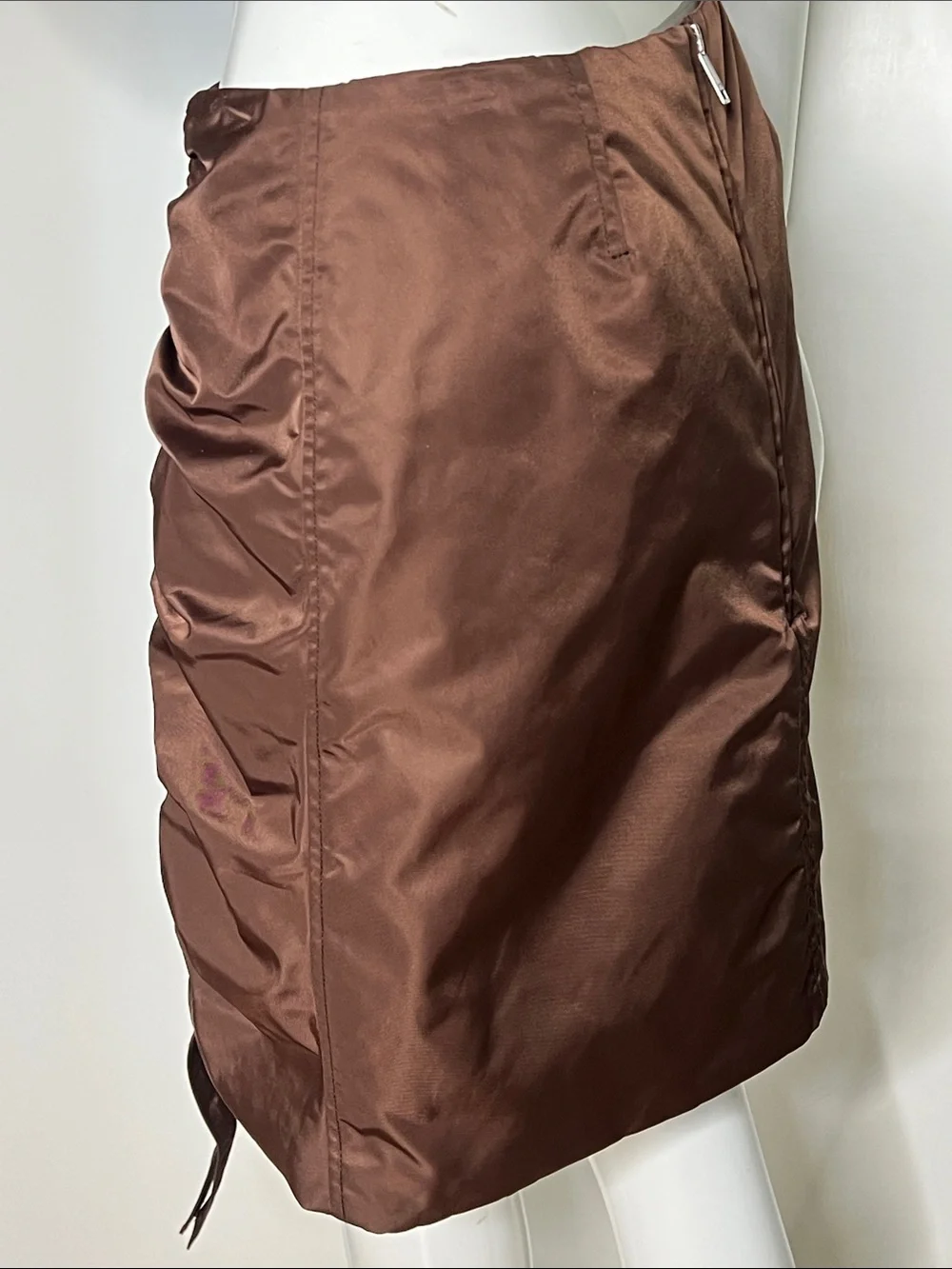 Ganni Sz 38 Brown Ruche Front Pull Lightly Structured Nylon Mini Skirt - New